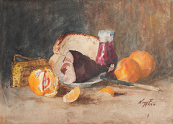 Nagy Ferenc: Csendélet narancsokkal, sonkával és kenyérrel, 1910