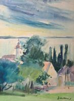 Balatonparti utcakép templomtoronnyal - Tihany? jelzett akvarell