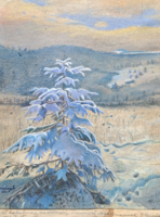 Winter mountain landscape with snowy pine (watercolor, size with frame 27x35 cm) cut and l. With signal