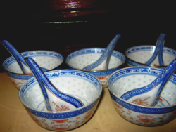 5 Kínai porcelán leveses tálka és kanál sárkányos rizsszemes