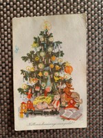 Régi karácsonyi képeslap- karácsonyfa, játékok