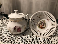 Jelenetes francia porcelán bonbonier és kínáló
