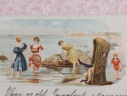 Régi képeslap 1899 levelezőlap tengerpart fürdőző hölgyek lithográfia