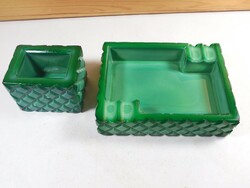 Régi retro színezett zöld domború üveg hamutál hamus hamutartó tál tálka és cigi gyufa tartó tároló