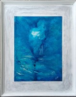 Prima djas művésztől, tanúsítvánnyal pecséttel. Kék tó.57x46 cm kerettel. Károlyfi Zsófia (1952)