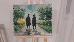 (K) Szép  festmény 53x43 cm  séta a parkban