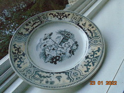 19.sz első fele Petrus Regout Maastricht fekete kinaizáló gyöngyház mázas tányér 3 tájképpel