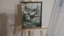 (K) Szép szignózott hegyvidéki falurészlet festmény 30x41 cm kerettel