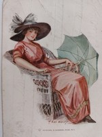 Régi képeslap művészrajz levelezőlap kalapos hölgy ernyővel