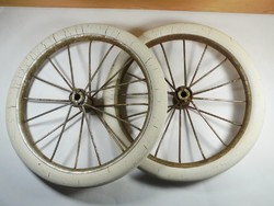 2 db Retro régi játék gumi kerék fém küllőkkel - babakocsi bicikli kerékpár - kb. 1960-as évekből