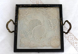 Rare! Persian azure lace insert, antique glass tray, beautiful Persian azure needlework