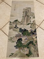 Régi selyem vászon hímzett tájkép kínai tekercs fali Kína japan