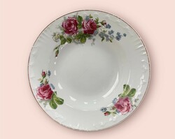 Antique pink porcelain deep plate with hairline crack for decoration, rose-forgotten pattern