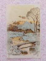 Régi képeslap 1899 levelezőlap vízimalom havas tájkép arany Nap motívum