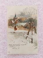 Régi képeslap 1899 levelezőlap havas táj templom arany Nap motívum