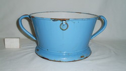 Old, pale blue enamel, filter bowl with handles - folk, peasant decoration
