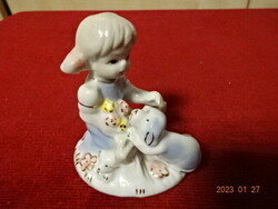 Német porcelán figura, kislány a kutyájával, magassága 7,8 cm. Vanneki! Jókai.
