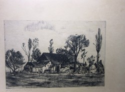 Mihály Csisztu (1933-2008) etching, farm in the Great Plain, marked.53 X 43 cm, 48.5 x 38.5 cm.