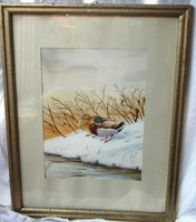 Watercolor painting of winter landscape with duck couple marked, 39 x 50, 45 x 33 cm.