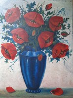 Poppies in a blue vase (flowers, still life), oil cardboard with unknown mark
