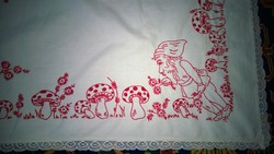 Large and wide spread embroidered with fairy-tale figures, round lace edging - dwarf, mushroom, butterfly
