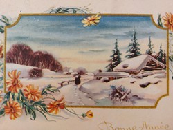 Régi újévi képeslap 1949 levelezőlap havas tájkép virágok