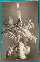 Retro képeslap régi fotó levelezőlap fenyőág karácsonyfadíszekkel 1963, az Utasellátó pecsétjével