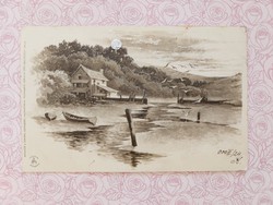 Régi képeslap 1900 levelezőlap csónak tópart tájkép