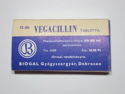 Retro Vegacillin tabletta gyógyszer drazsé doboz - Biogal Gyógyszergyár gyártó - 1977-es évből