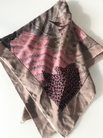 Italian silk scarf on a pale coffee brown base with pastel pink leaves, 84 x 80 cm