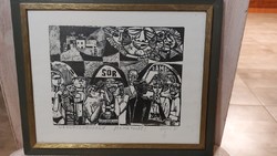 (K) Józsa János fametszet Hajdúszoboszló 29x24 cm kerettel