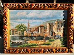 Mediterranean Fishing Port, Oil Painting, 25x35 cm