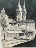 Zirci Apátság látképe, Sebők László jelzésével, filc-tus technika, keret nélkül