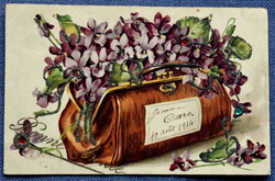 Antique New Year greeting glittery sequined litho postcard in medical bag lots of violets