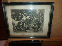 Etching with reed sign, '934, boar with hunting dogs, approx. 20X30 cm