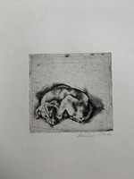 Szőnyi István (1894-1960) Alvó kutya című rézkarca /8x8,5 cm/
