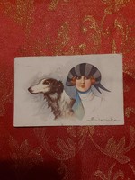 Régi színes képeslap hölgy agárral