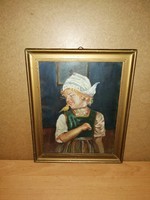 Antique painting of a little girl in Dutch folk costume, picture frame 30*37 cm