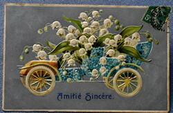 Antik dombornyomott ezüst hátterű üdvözlő litho képeslap  nefelejcs automobil gyöngyvirággal