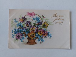 Régi képeslap virágos levelezőlap árvácska nefelejcs kosárban