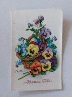 Régi virágos képeslap levelezőlap nefelejcs árvácska kosárban