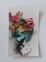 Régi képeslap levelezőlap fecske tájkép rózsa patkó