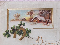 Régi újévi képeslap 1947 levelezőlap lóhere patkó havas tájkép
