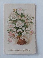Régi virágos képeslap levelezőlap fehér rózsa orchidea kosárban