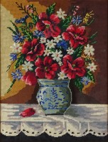 1L686 Régi goblein asztali pipacsos virágcsendélet 47.5 x 37 cm