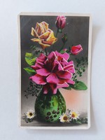 Régi virágos képeslap levelezőlap rózsa vázában