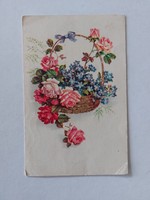 Régi képeslap virágos levelezőlap rózsa nefelejcs kosárban