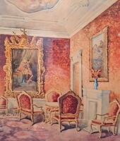 Noble Room Interior, Old Watercolor - Framed Size 60x53 cm