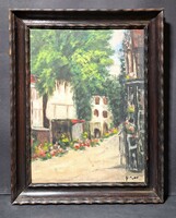 Serene street scene with flowers (oil painting, size with frame 44x35 cm)