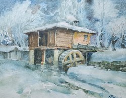 Vízimalom - Kiril Maiski (1926-2013) bolgár festőművész akvarellje - havas téli tájkép